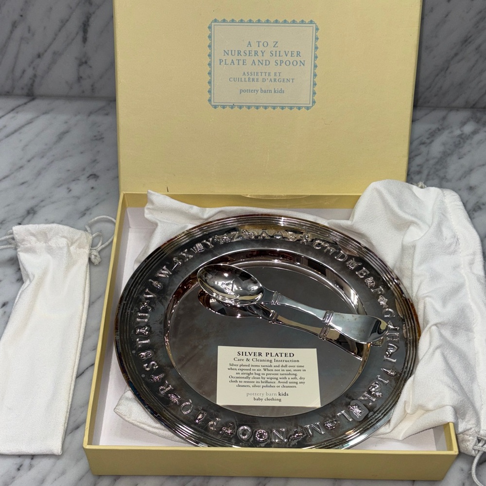 Pottery barn kids silver plate and spoon with bags and box. Great bay gift